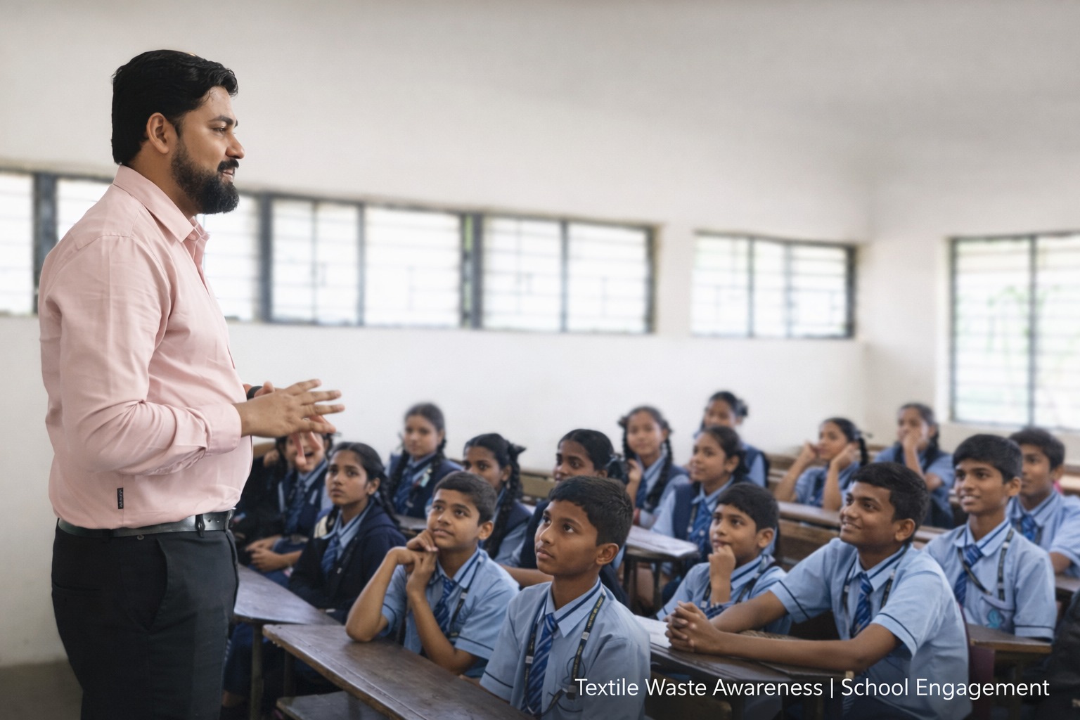 TWIN founder leading a textile waste awareness session at a school
